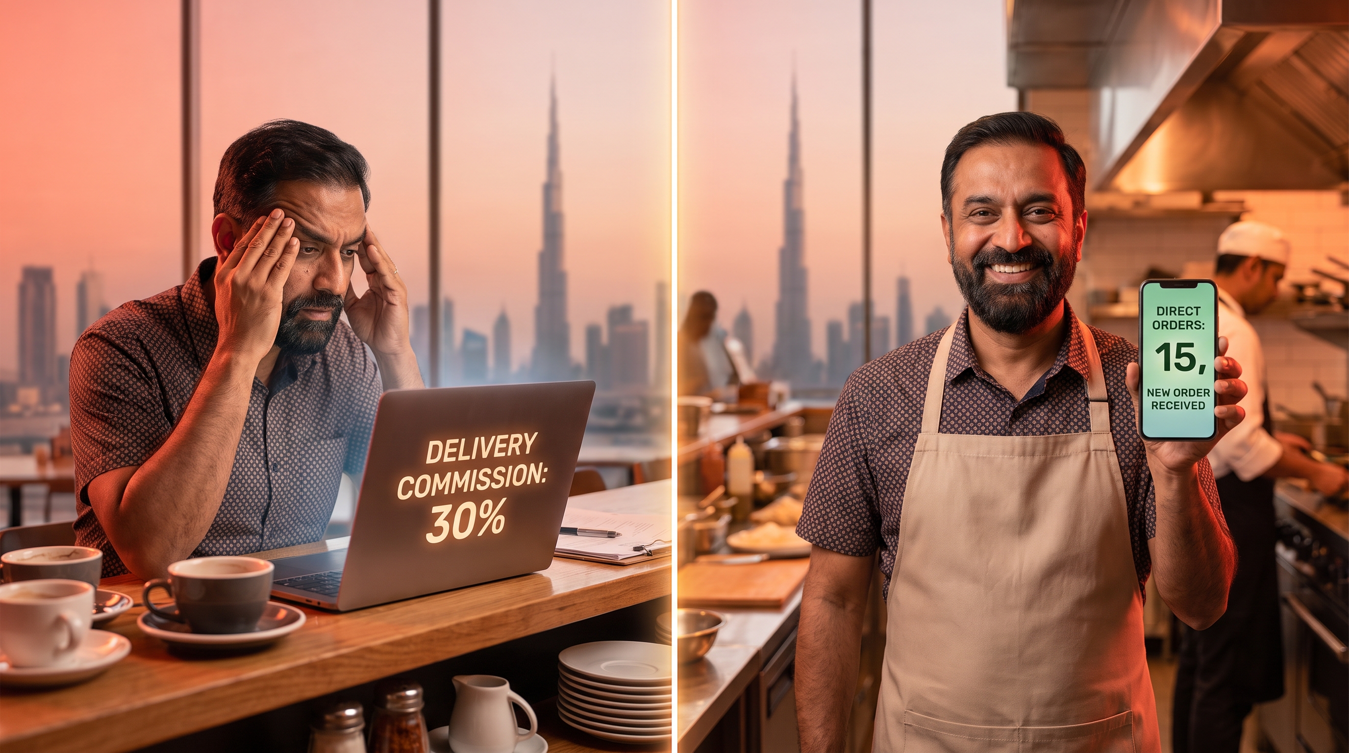 Split image: on the left a stressed restaurant owner holds his head while staring at a laptop showing 30% delivery commission; on the right the same owner smiles holding a phone showing direct orders arriving — Dubai skyline visible through the window behind him