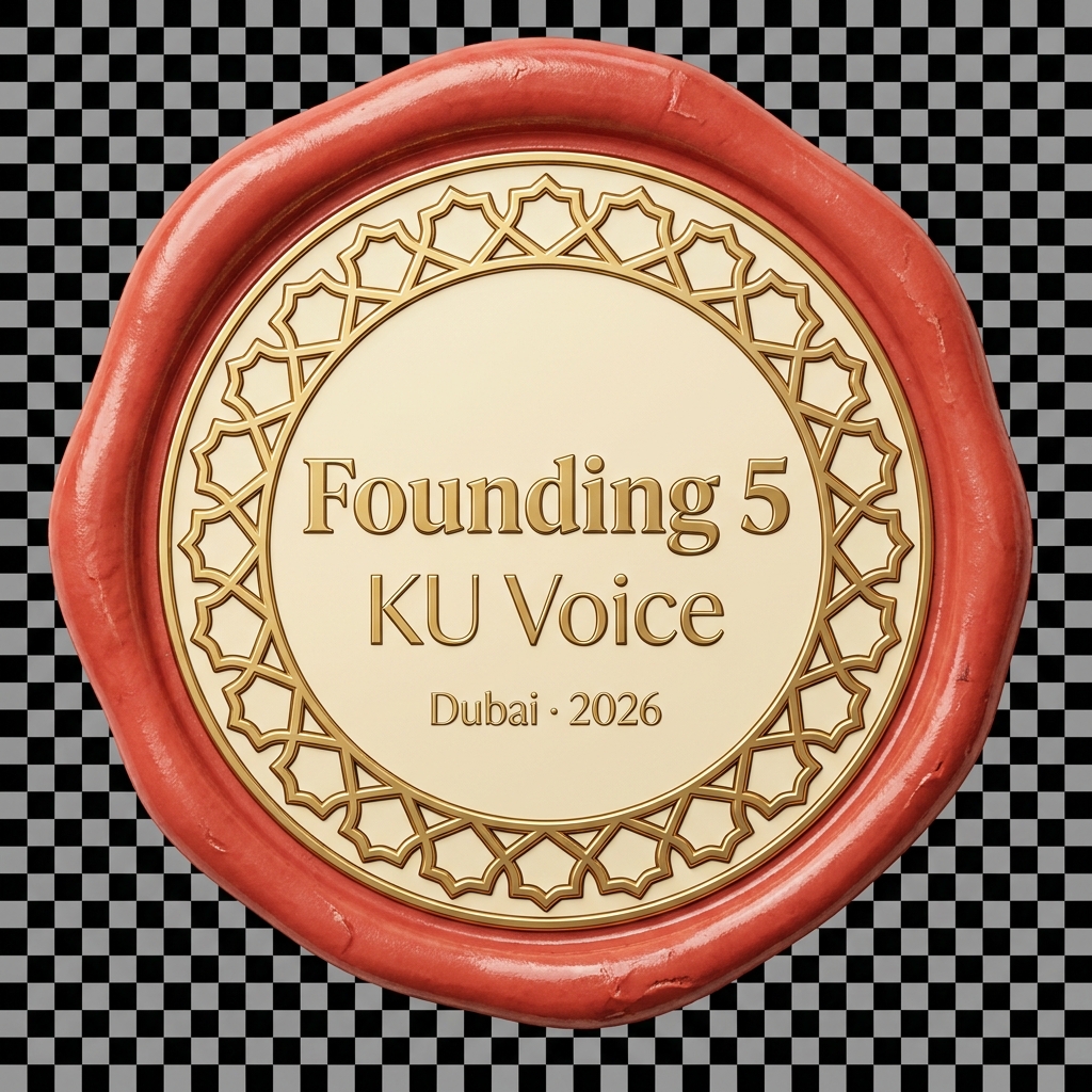 KU Voice Founding 5 Dubai 2026 — a premium wax-seal badge with Arabic geometric pattern border awarded to founding restaurant partners