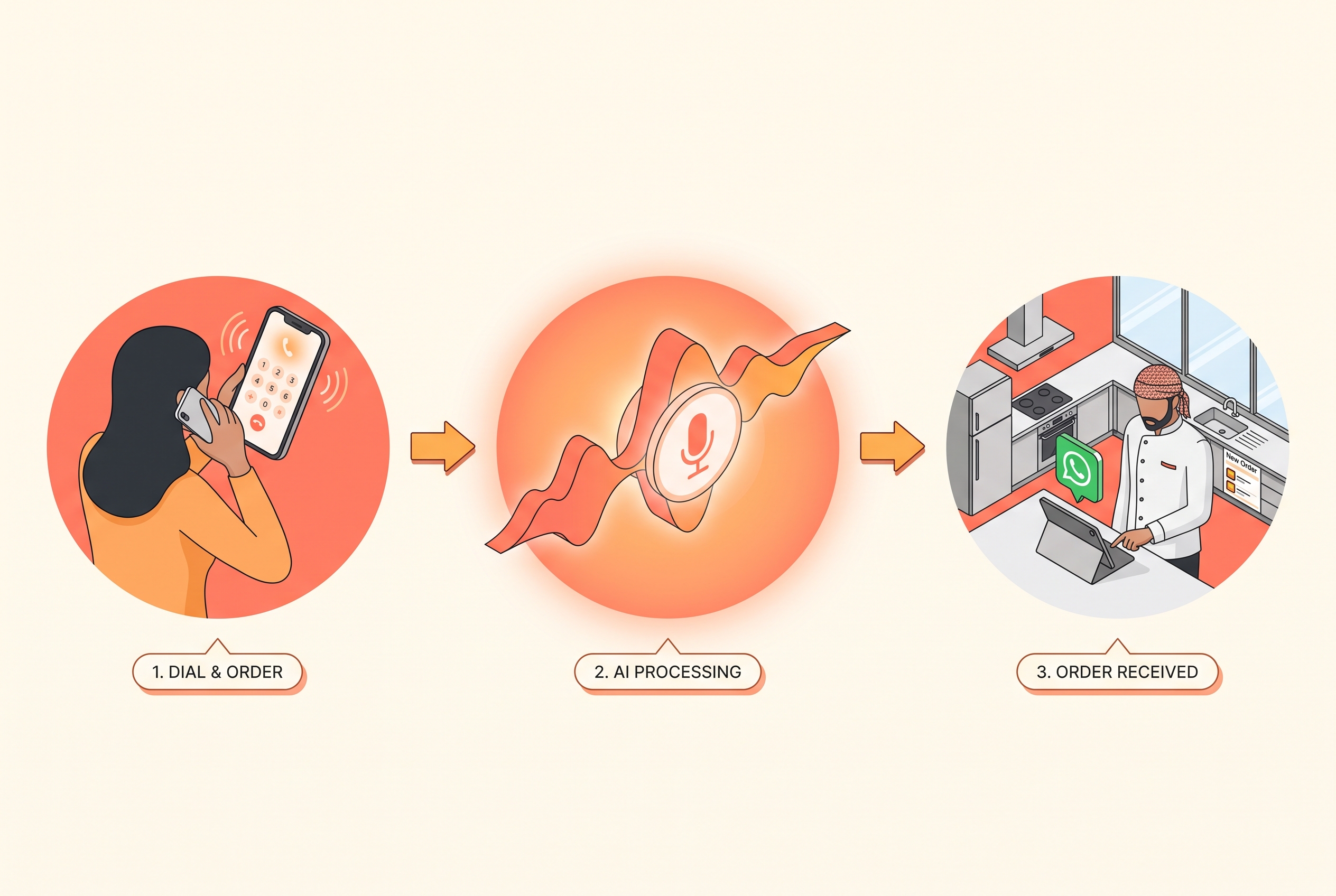 Three-step isometric illustration of KU Voice: Step 1 shows a customer dialing a UAE phone number; Step 2 shows the AI voice agent as a warm coral sound waveform processing the order; Step 3 shows a chef receiving the confirmed order on a tablet in the kitchen