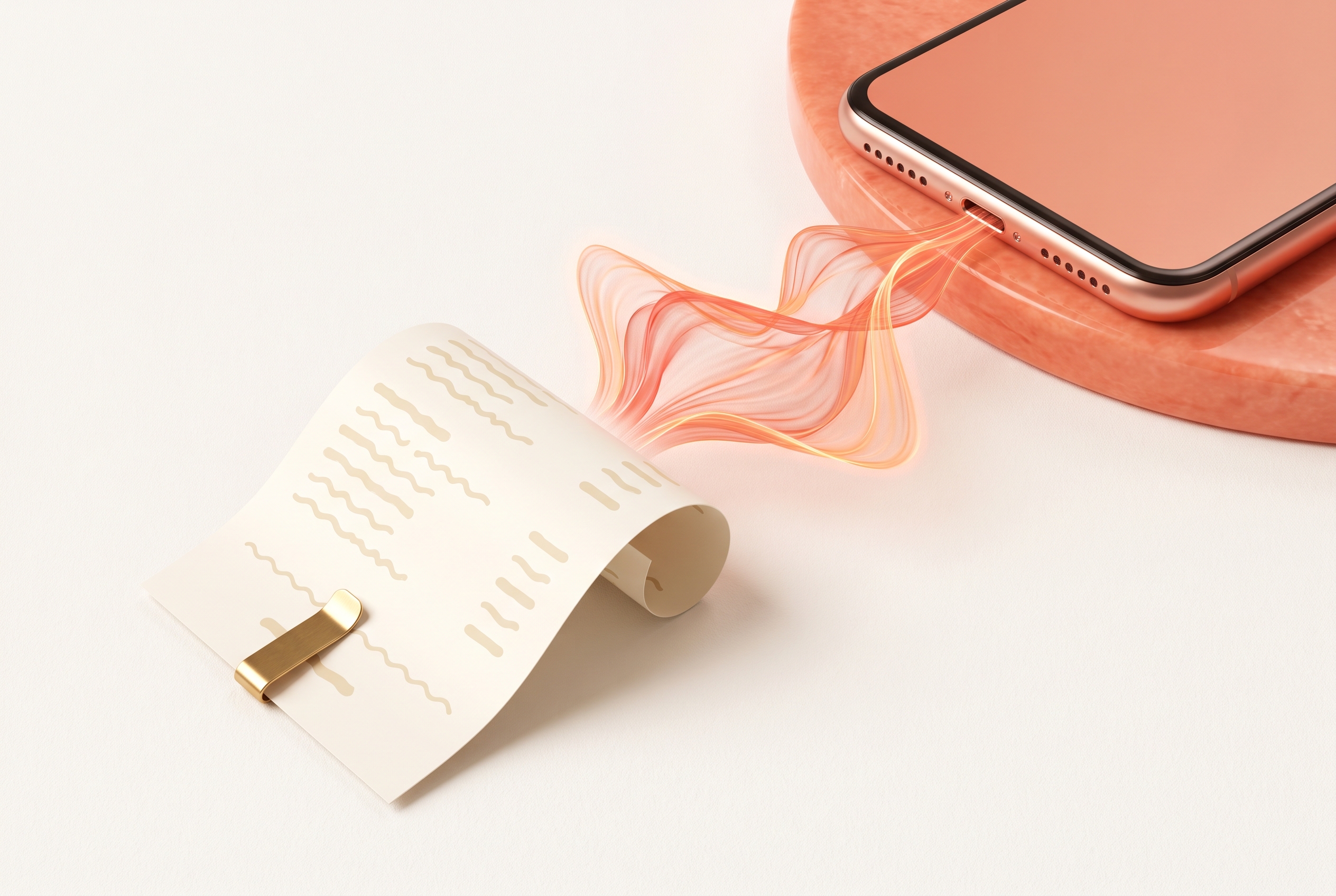 Abstract editorial illustration: a warm coral audio waveform flows from a smartphone speaker and transforms into a printed kitchen order ticket, representing how KU Voice converts a phone call into a confirmed restaurant order